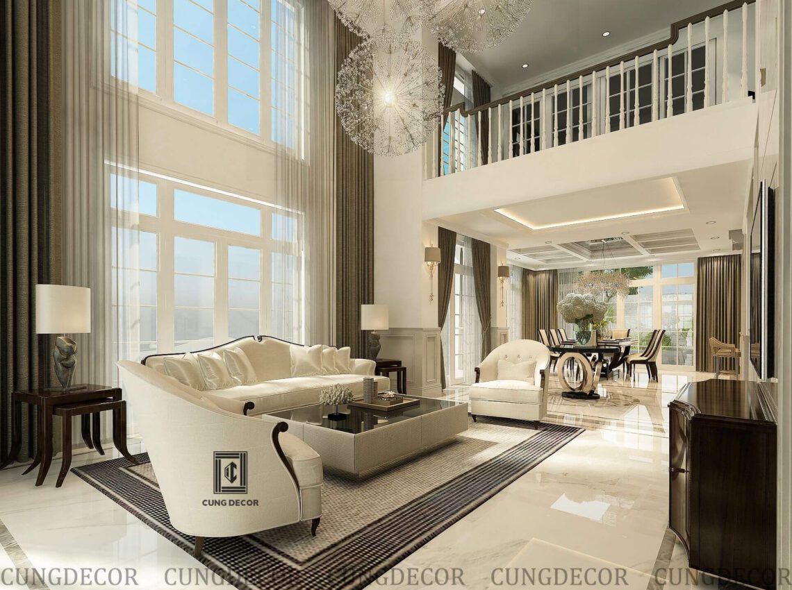 Thiết kế nội thất phòng khách thông tầng biệt thự Kim Long